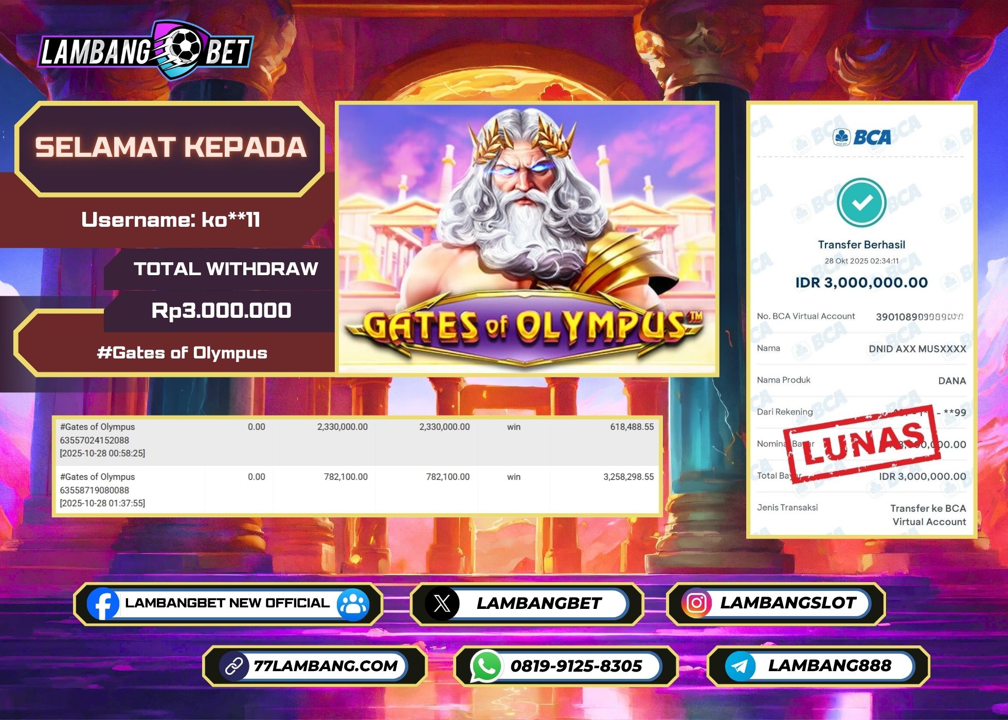 LAMBANGBET [28 OKTOBER 2025] JACKPOT SLOT Gates of Olympus "Rp3.000.000" LUNAS